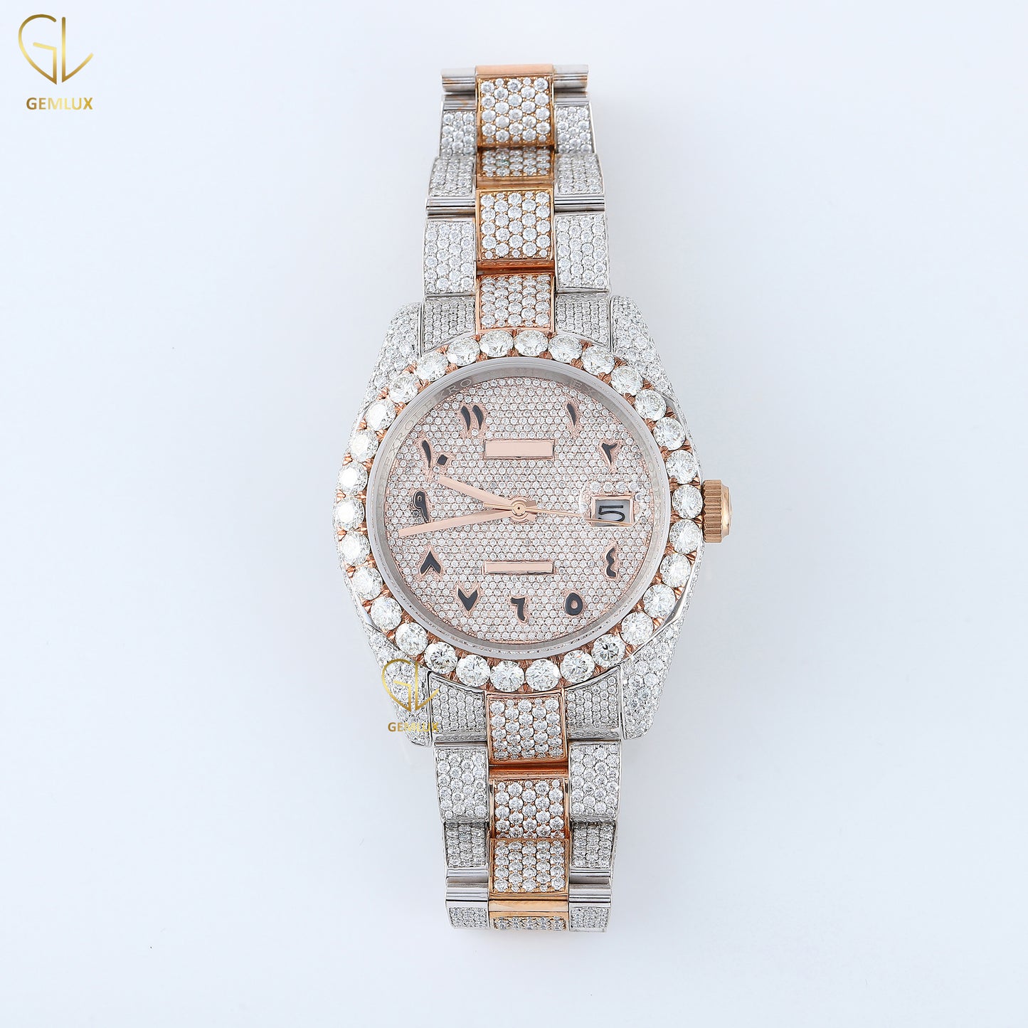 Two Tone Rose Gold Iced Out Arabic Dial Lab Grown Diamond Watch
