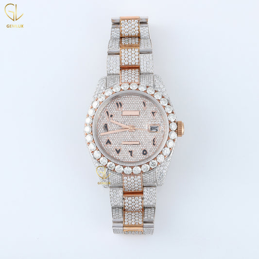 Two Tone Rose Gold Iced Out Arabic Dial Lab Grown Diamond Watch