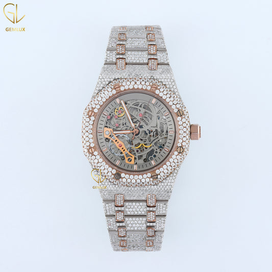 Two Tone Rose Gold Skeleton Dial Iced Out Lab Grown Diamond Watch