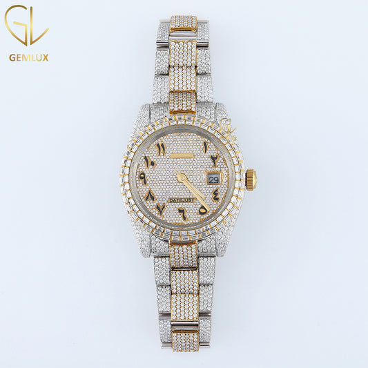 Two Tone Yellow Gold Automatic Movement Arabic Dial Iced Out Lab Grown Watch