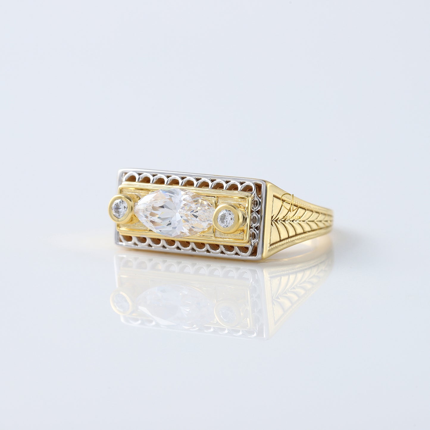 Vintage 1 Ct Marquise Cut Lab Grown Three Stone Gold Ring