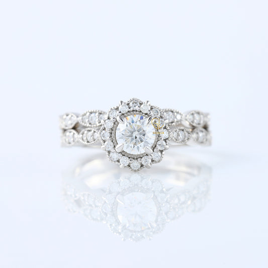 Vintage Inspired Round Moissanite Halo Ring With Milgrain Wedding Band Bridal Ring Set