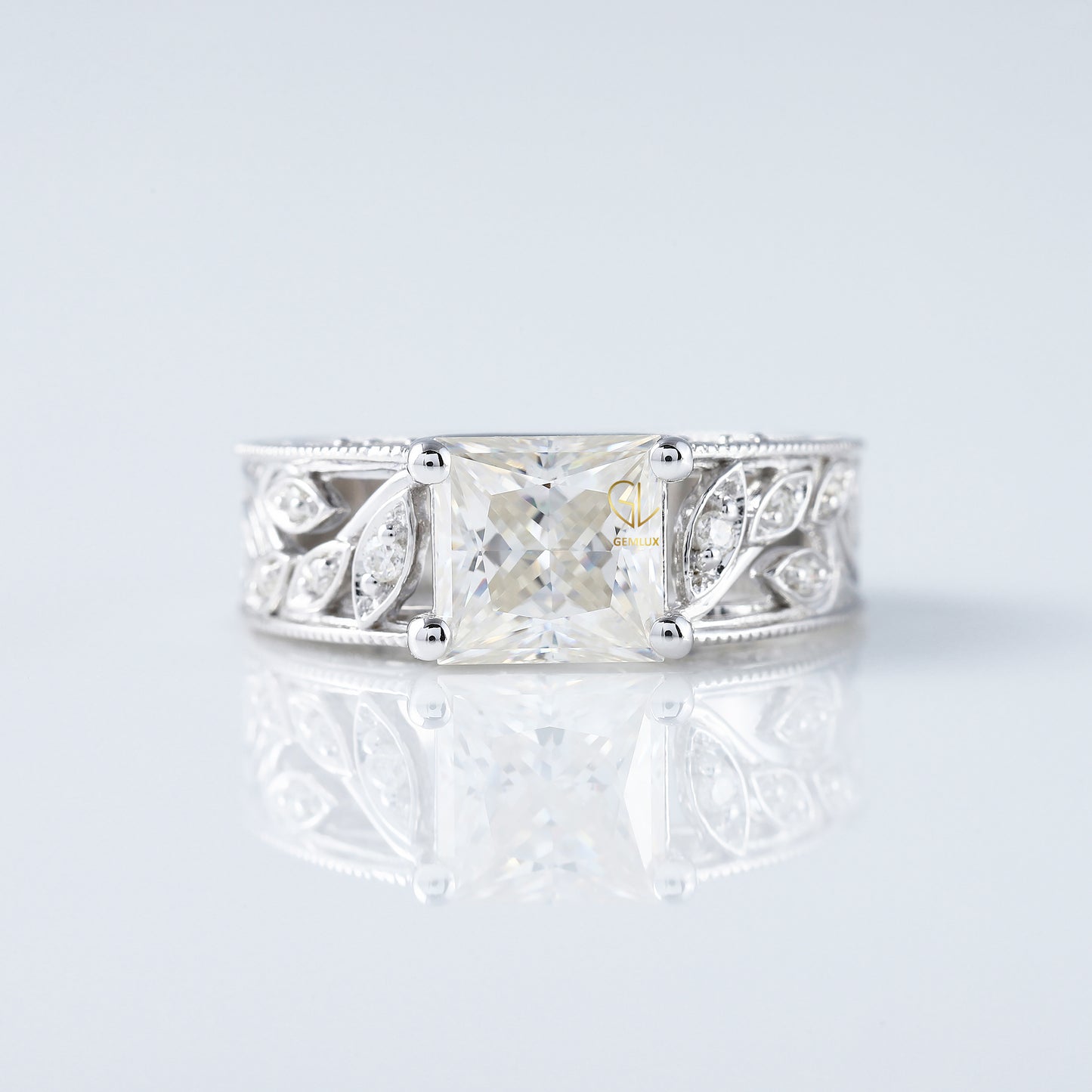 Vintage Leaf Inspired Princess Cut Moissanite Filigree Wide Band