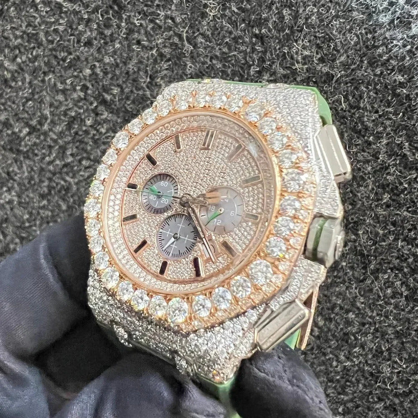 Iced Out VVS Moissanite Chronograph Rubber Strap Watch