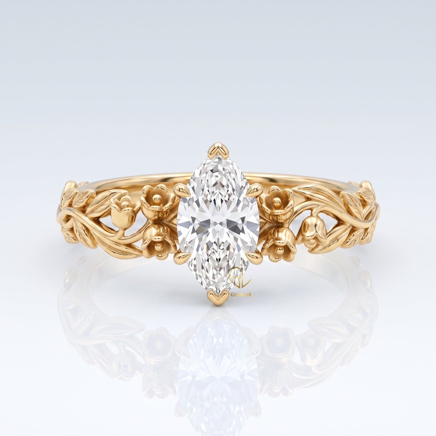 Marquise cut lab-grown diamond floral vine engagement ring, yellow gold, IGI certified, Gemlux Engagement Collection