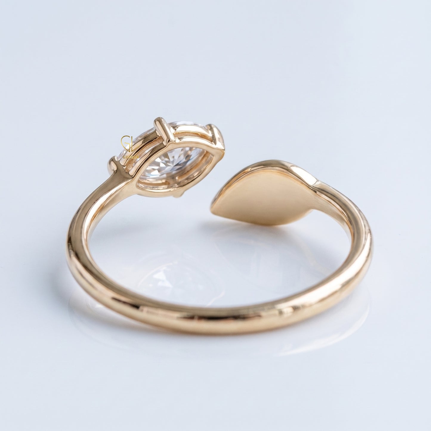 Open band marquise cut lab-grown diamond leaf ring, detail view, Gemlux Engagement Collection