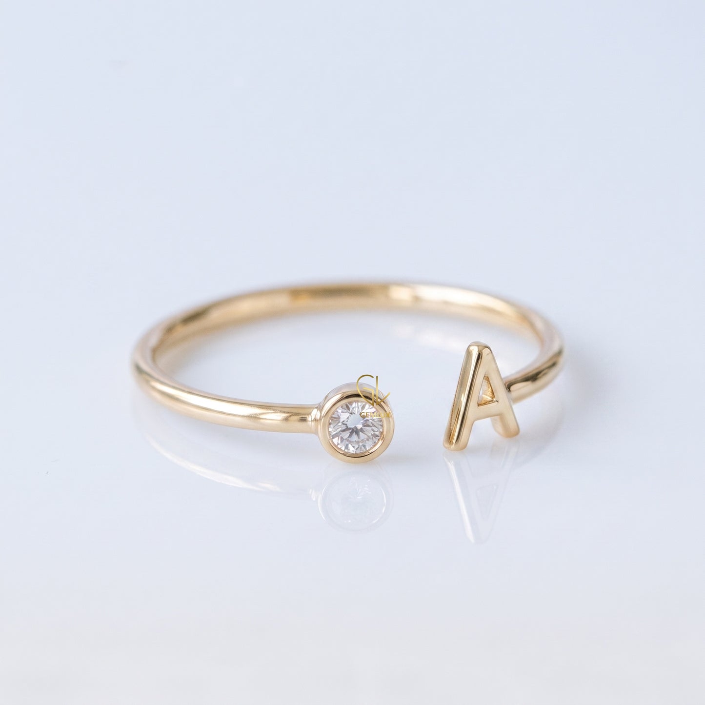 Personalized initial letter lab-grown diamond open ring, additional angle, Gemlux Engagement Collection