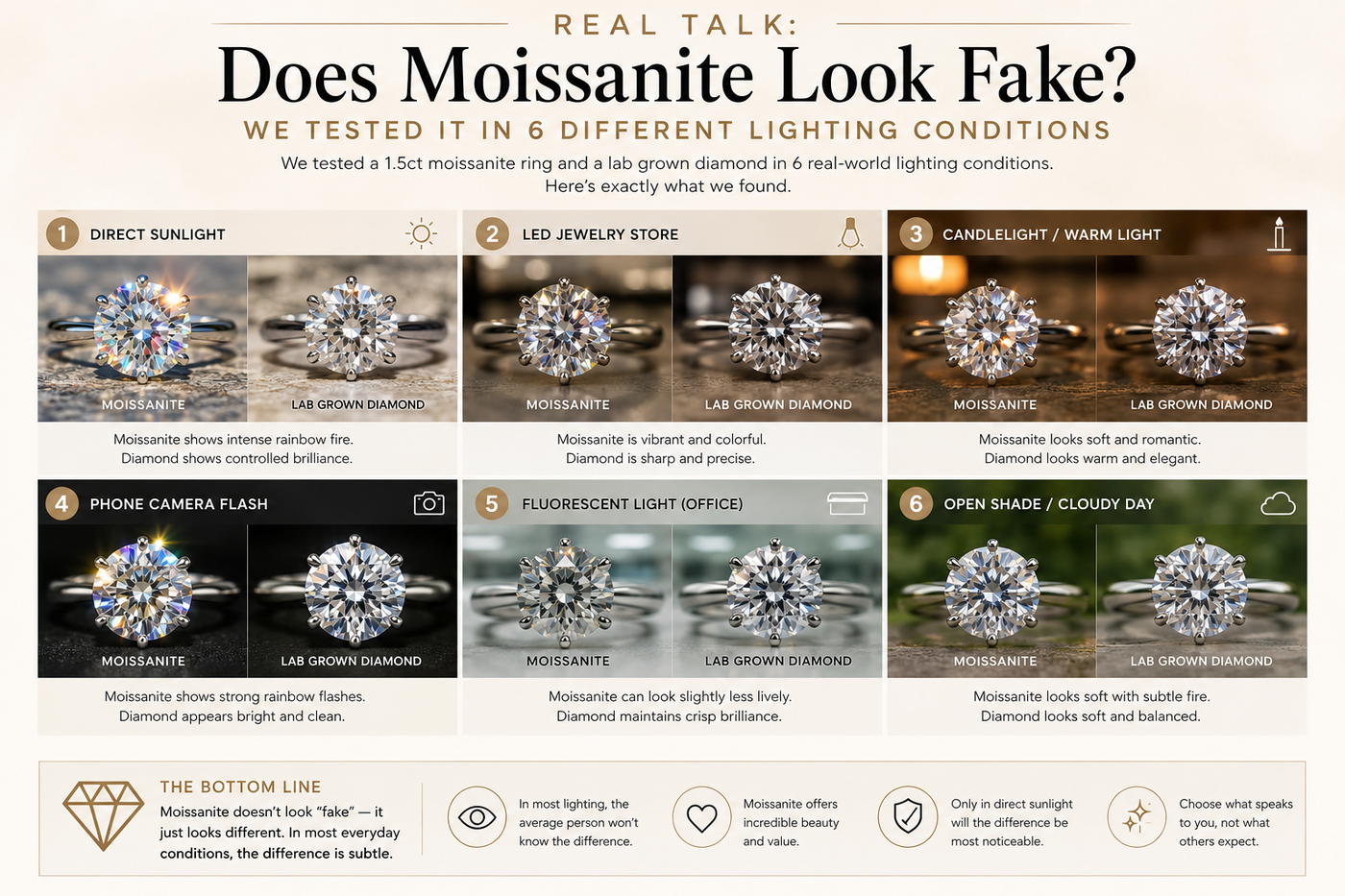 Real Talk: Does Moissanite Look Fake? We Tested It in 6 Different Lighting Conditions