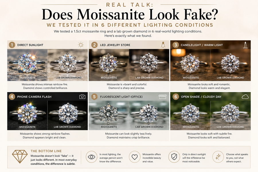Real Talk: Does Moissanite Look Fake? We Tested It in 6 Different Lighting Conditions