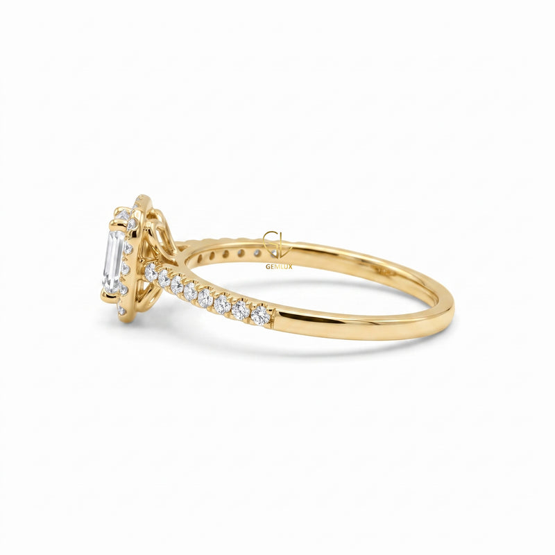 0.50 Ct Emerald Cut Moissanite Halo Engagement Ring