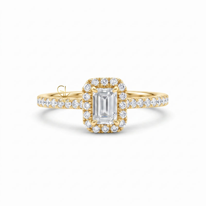 0.50 Ct Emerald Cut Moissanite Halo Engagement Ring