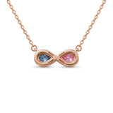 Discover a pink and blue pear-cut infinity pendant with smooth bezel settings. Personalize your gemstone pairing and metal with Gemlux Jewels.