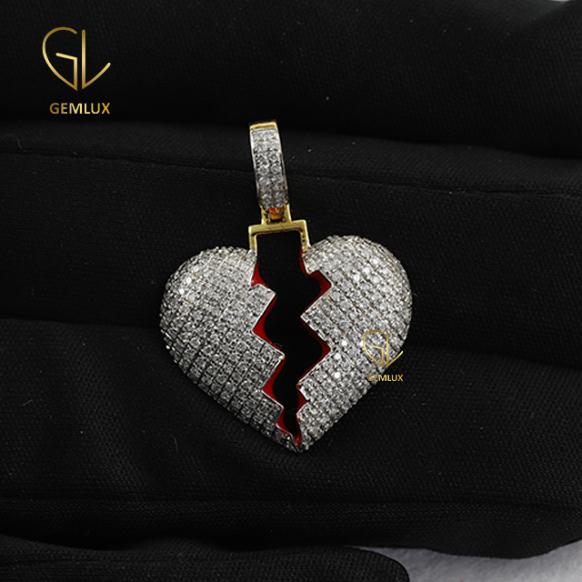 Iced Out Moissanite Diamond Broken Heart Charm Pendant