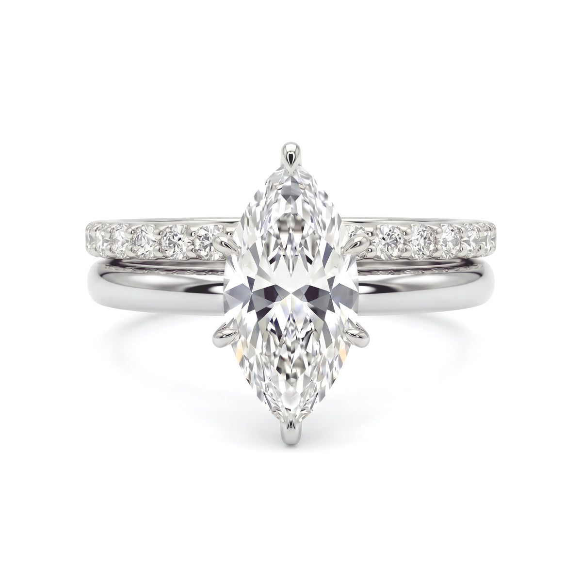 1.5 Ct marquise lab grown diamond engagement ring set with rose gold wedding band and diamond accents