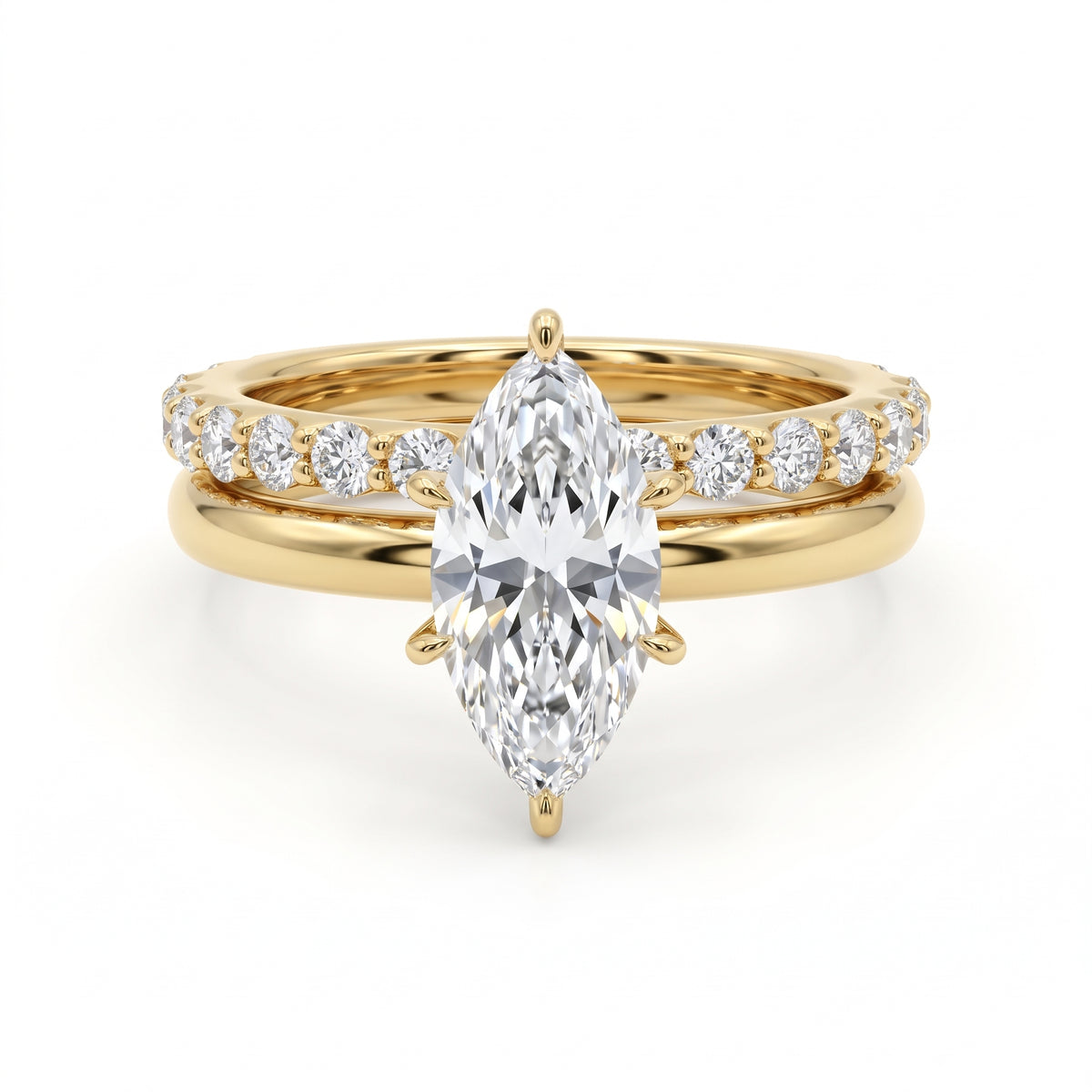 1.5 Ct marquise lab grown diamond engagement ring set with rose gold wedding band and diamond accents