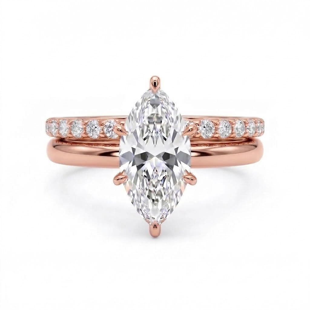 1.5 Ct marquise lab grown diamond engagement ring set with rose gold wedding band and diamond accents