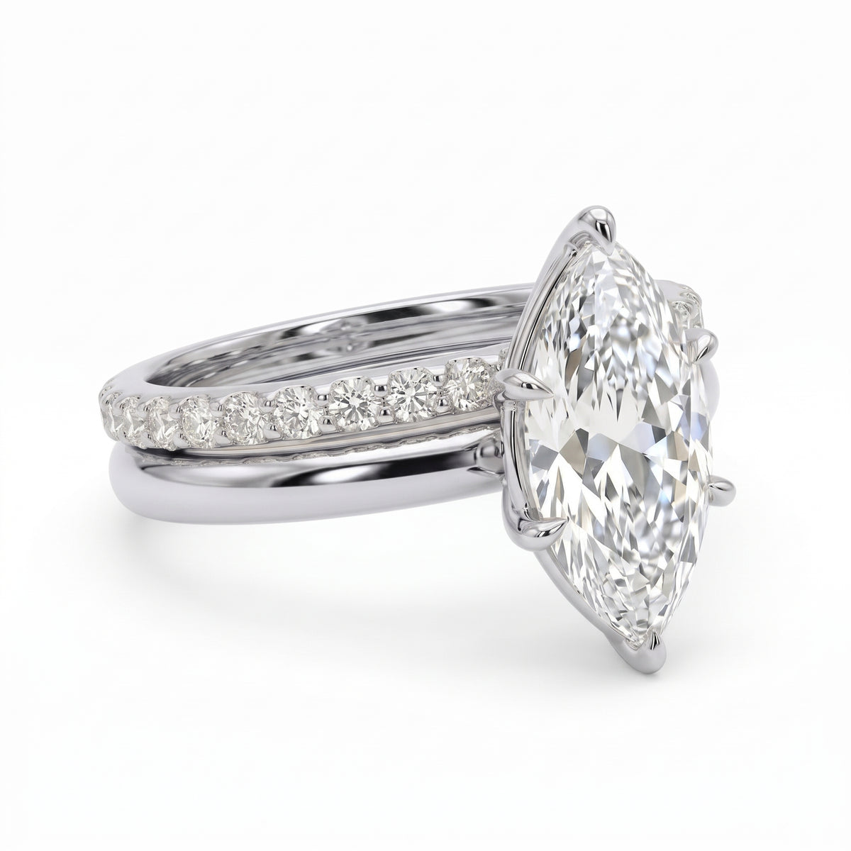 1.5 Ct marquise lab grown diamond engagement ring set with rose gold wedding band and diamond accents