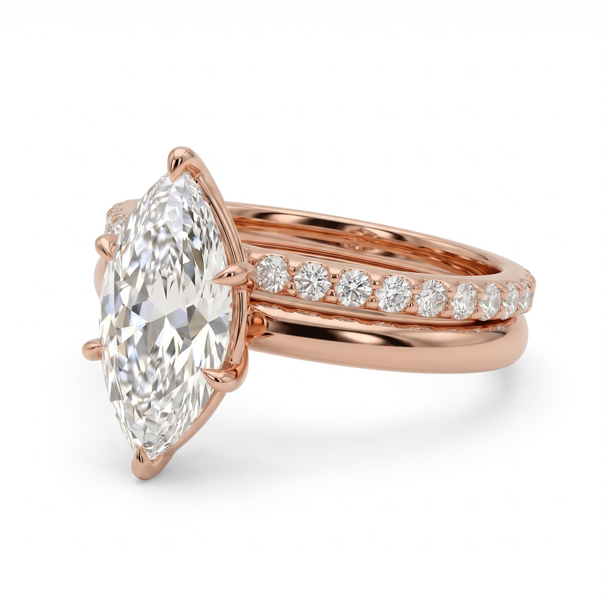 1.5 Ct marquise lab grown diamond engagement ring set with rose gold wedding band and diamond accents