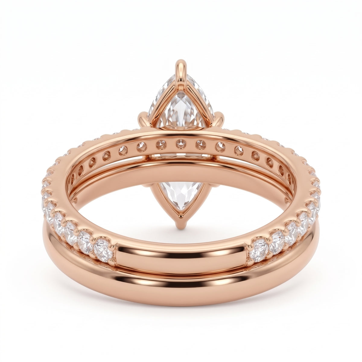 1.5 Ct marquise lab grown diamond engagement ring set with rose gold wedding band and diamond accents