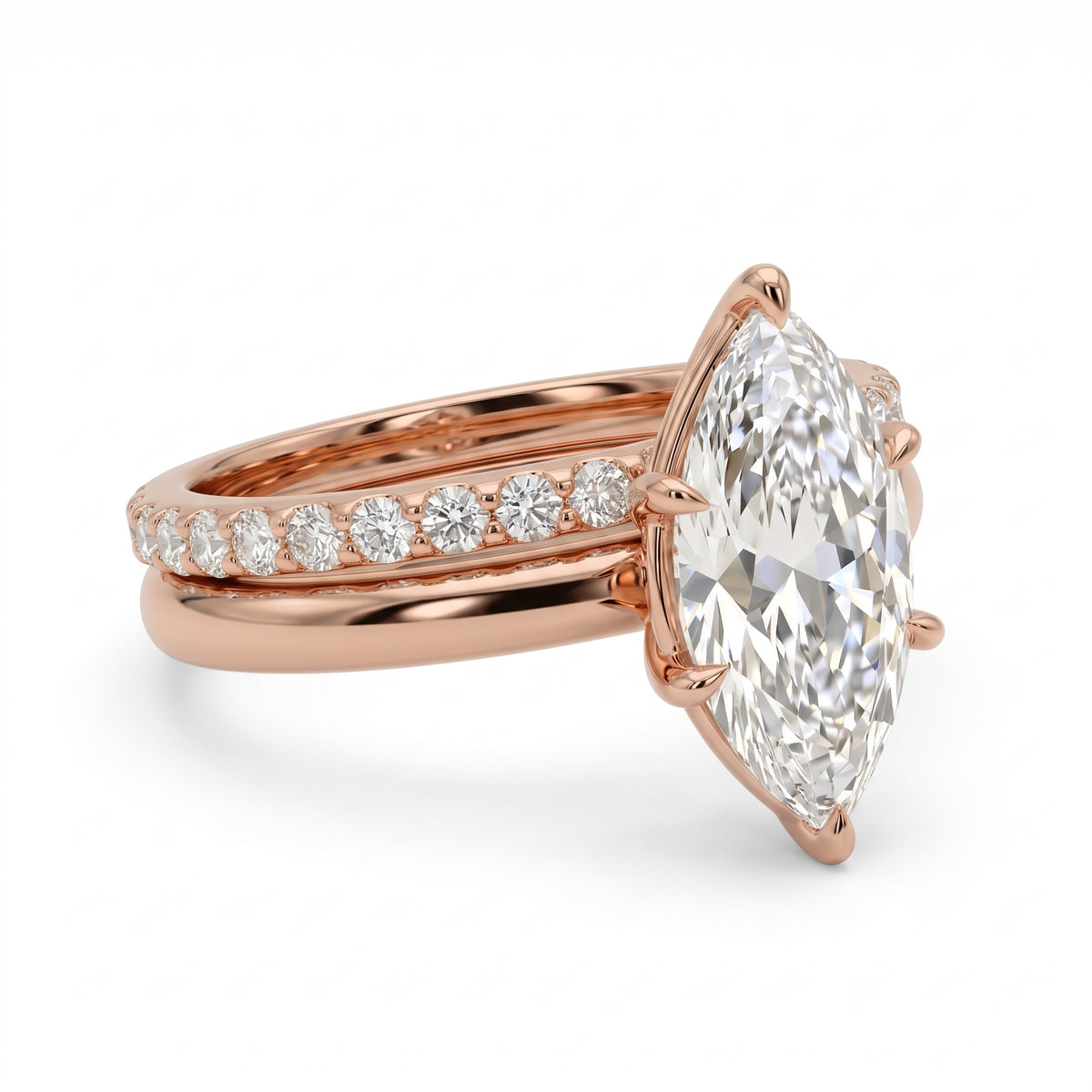 1.5 Ct marquise lab grown diamond engagement ring set with rose gold wedding band and diamond accents
