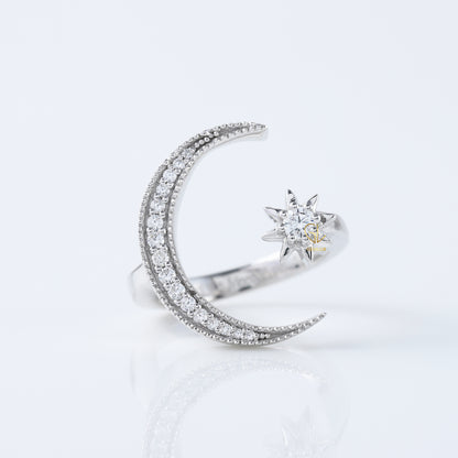 14k White Gold Open Cuff Moon Star Celestial Ring
