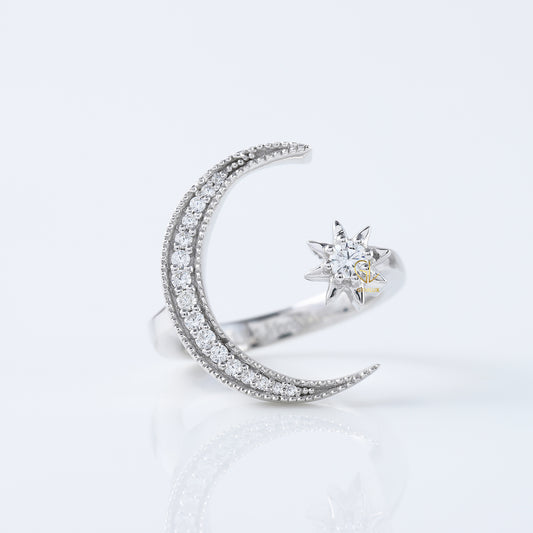 14k White Gold Open Cuff Moon Star Celestial Ring
