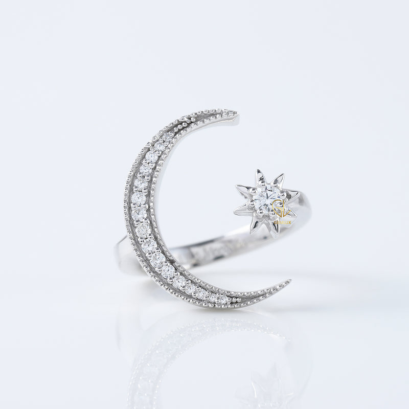 14k White Gold Open Cuff Moon Star Celestial Ring