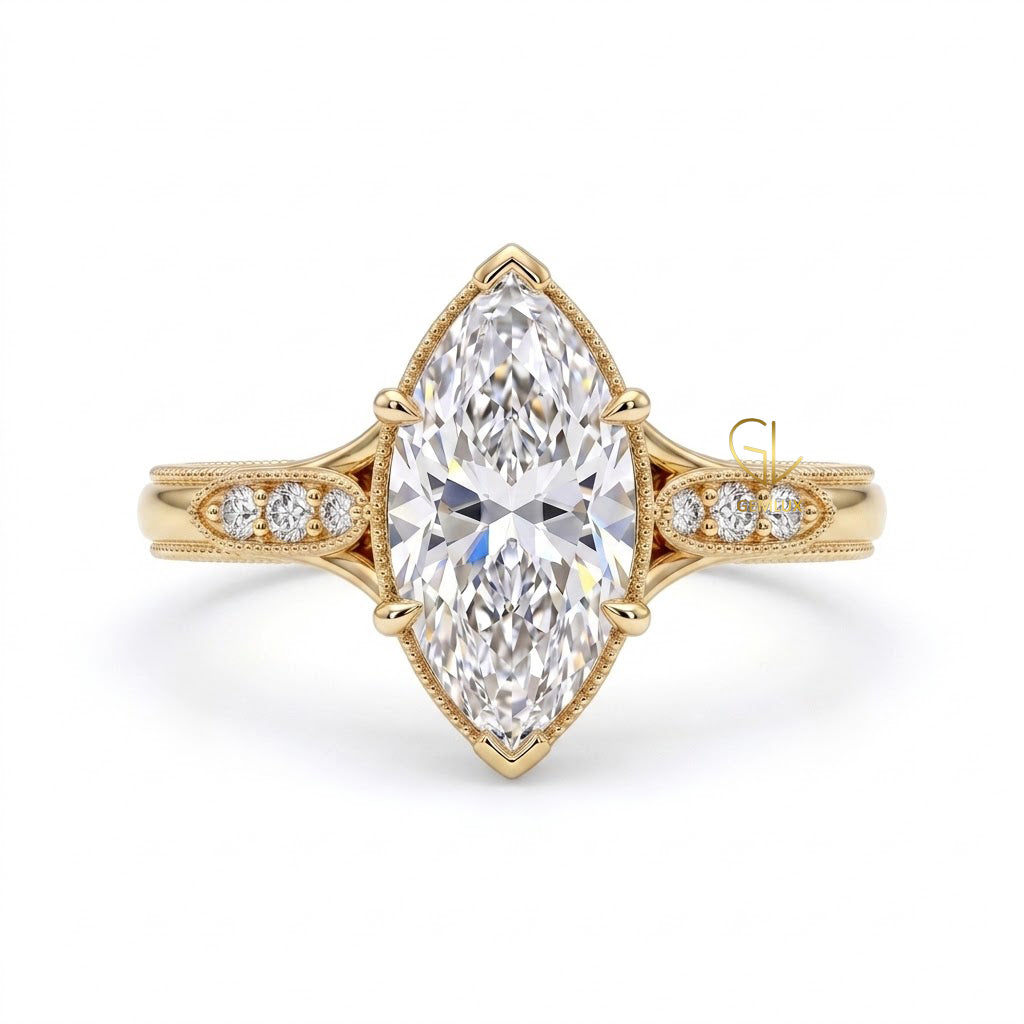 18K Yellow Gold Marquise Lab-Grown Diamond Vintage Milgrain Engagement Ring