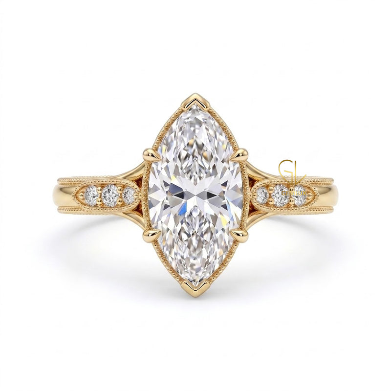 18K Yellow Gold Marquise Lab-Grown Diamond Vintage Milgrain Engagement Ring