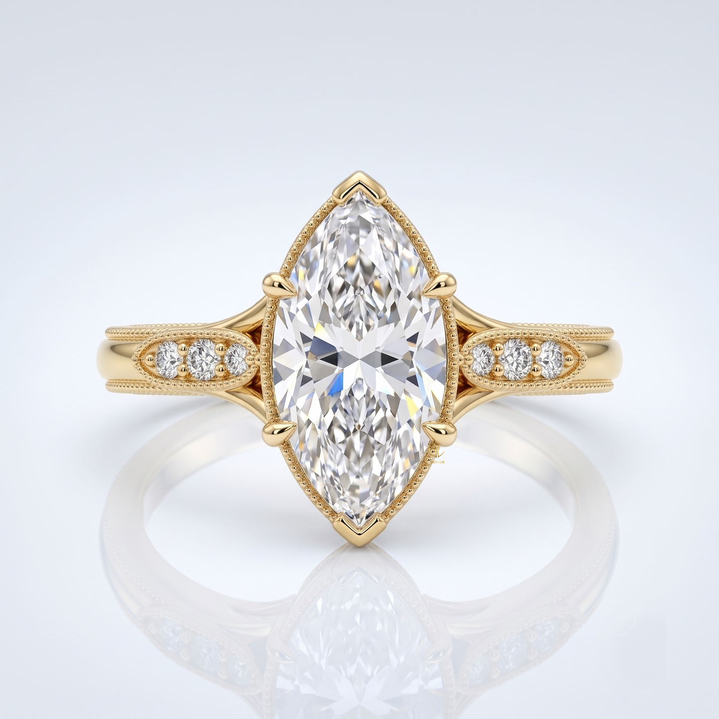 18K Yellow Gold Marquise Lab-Grown Diamond Vintage Milgrain Engagement Ring