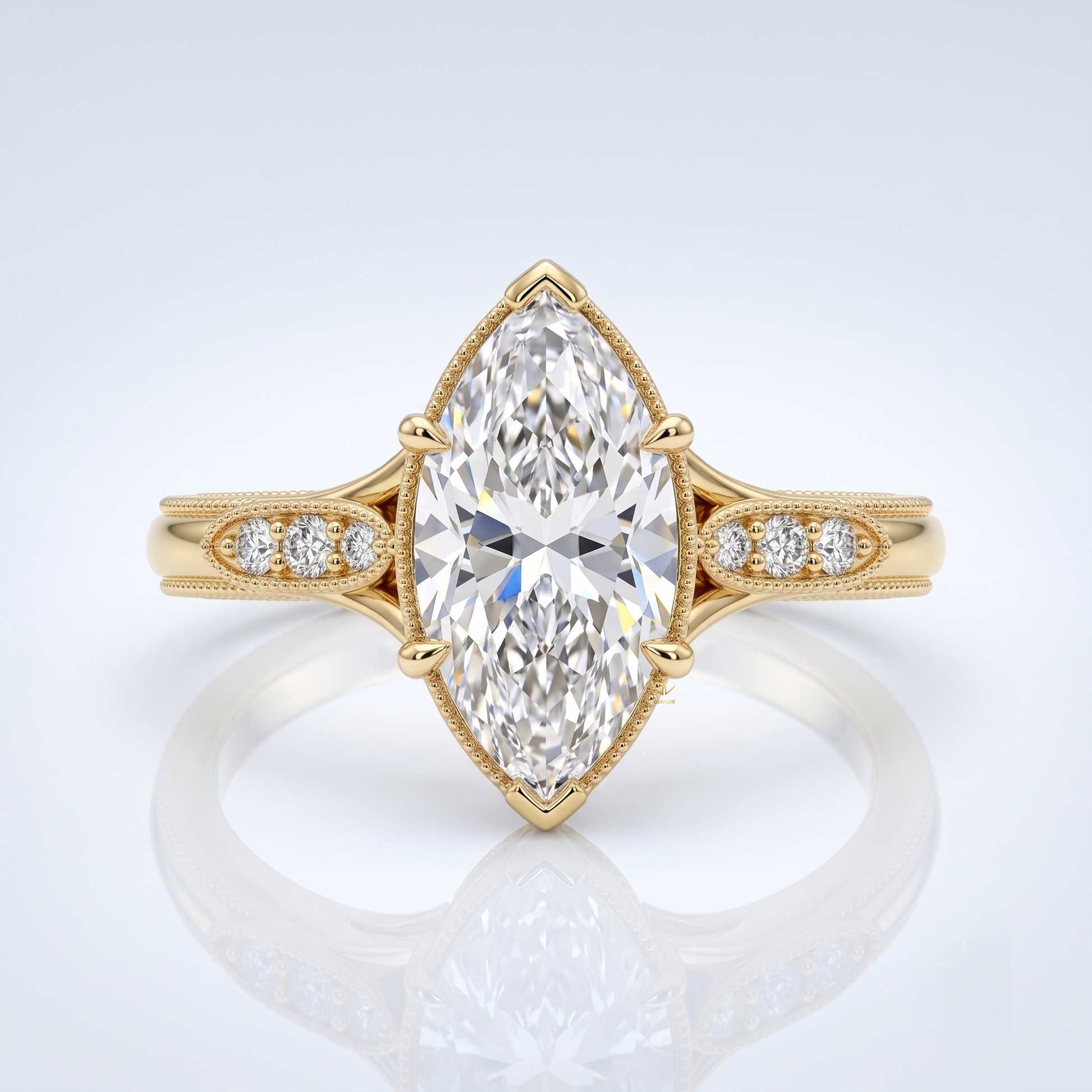 18K Yellow Gold Marquise Lab-Grown Diamond Vintage Milgrain Engagement Ring