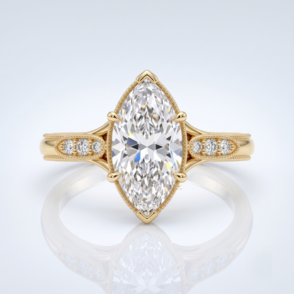 18K Yellow Gold Marquise Lab-Grown Diamond Vintage Milgrain Engagement Ring