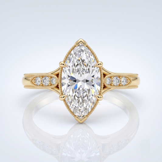 18K Yellow Gold Marquise Lab-Grown Diamond Vintage Milgrain Engagement Ring