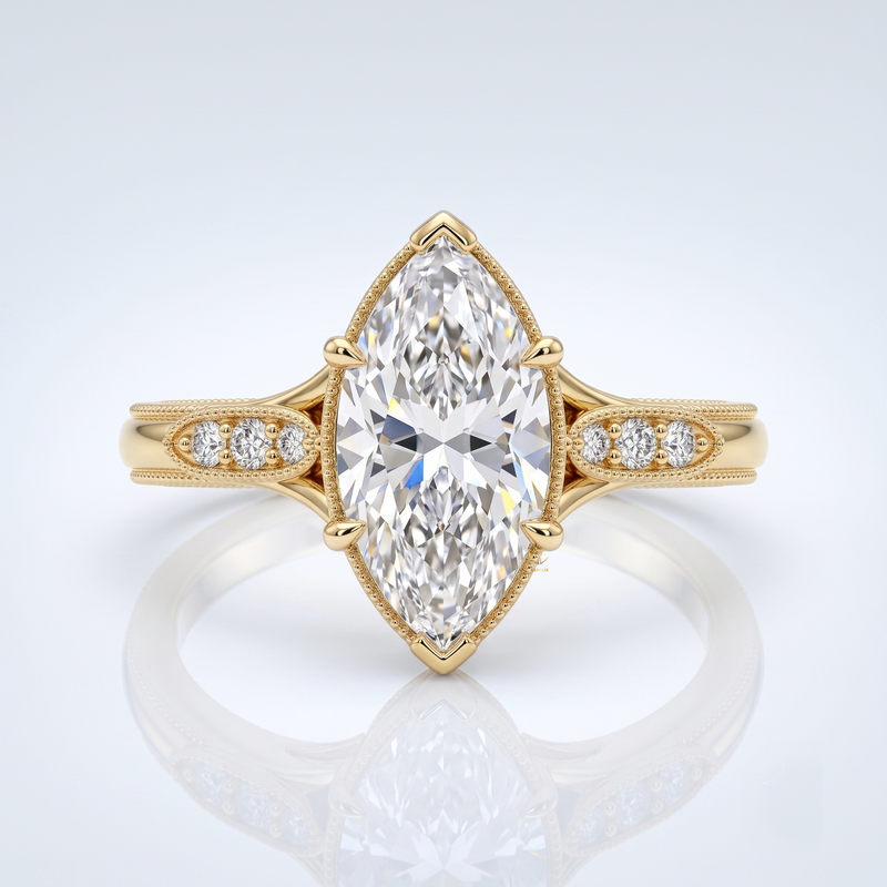 18K Yellow Gold Marquise Lab-Grown Diamond Vintage Milgrain Engagement Ring