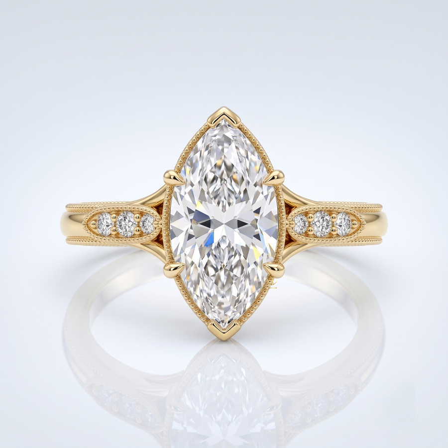 18K Yellow Gold Marquise Lab-Grown Diamond Vintage Milgrain Engagement Ring