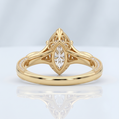 18K Yellow Gold Marquise Lab-Grown Diamond Vintage Milgrain Engagement Ring