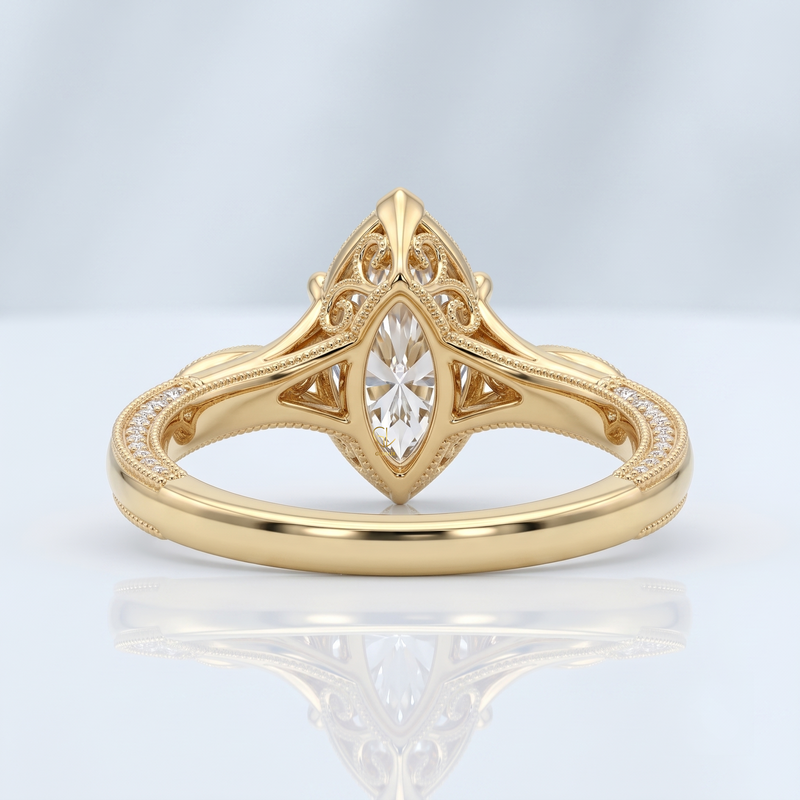 18K Yellow Gold Marquise Lab-Grown Diamond Vintage Milgrain Engagement Ring