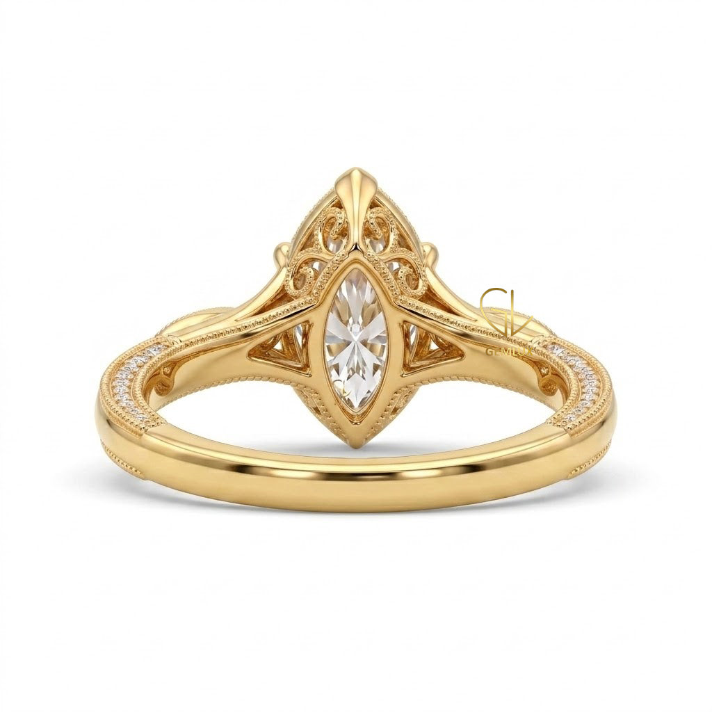 18K Yellow Gold Marquise Lab-Grown Diamond Vintage Milgrain Engagement Ring