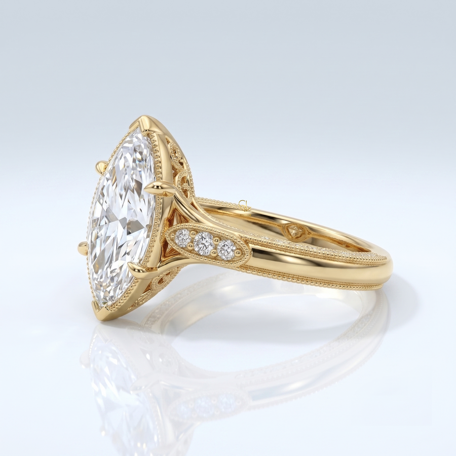 18K Yellow Gold Marquise Lab-Grown Diamond Vintage Milgrain Engagement Ring