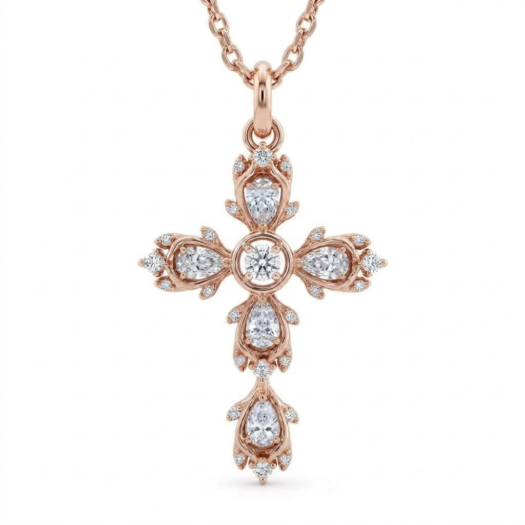 Pear and Round Lab-Grown Diamond Vintage Cross Pendant