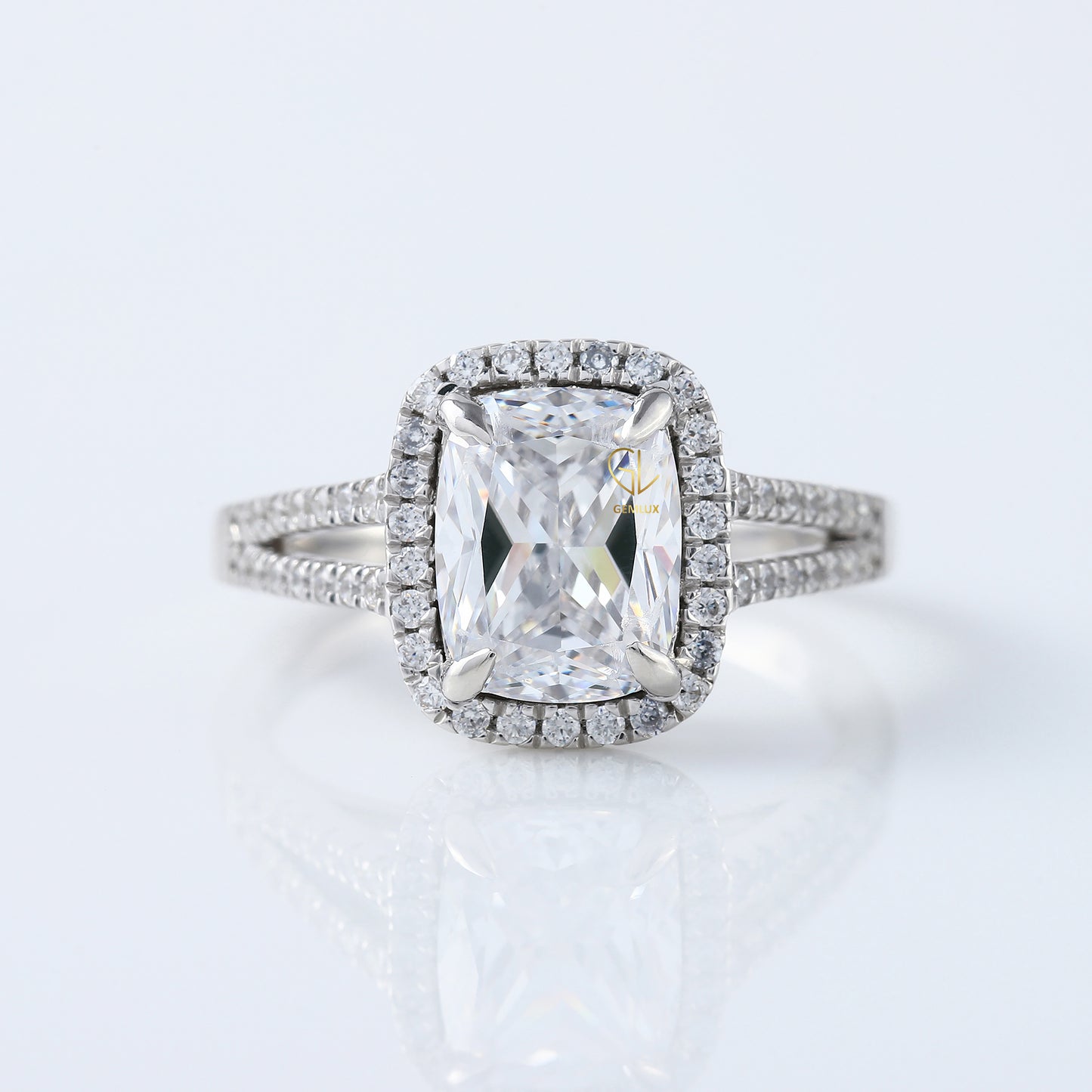 2.5 Ct Elongated Cushion Cut Moissanite Halo Split Shank White Gold Ring