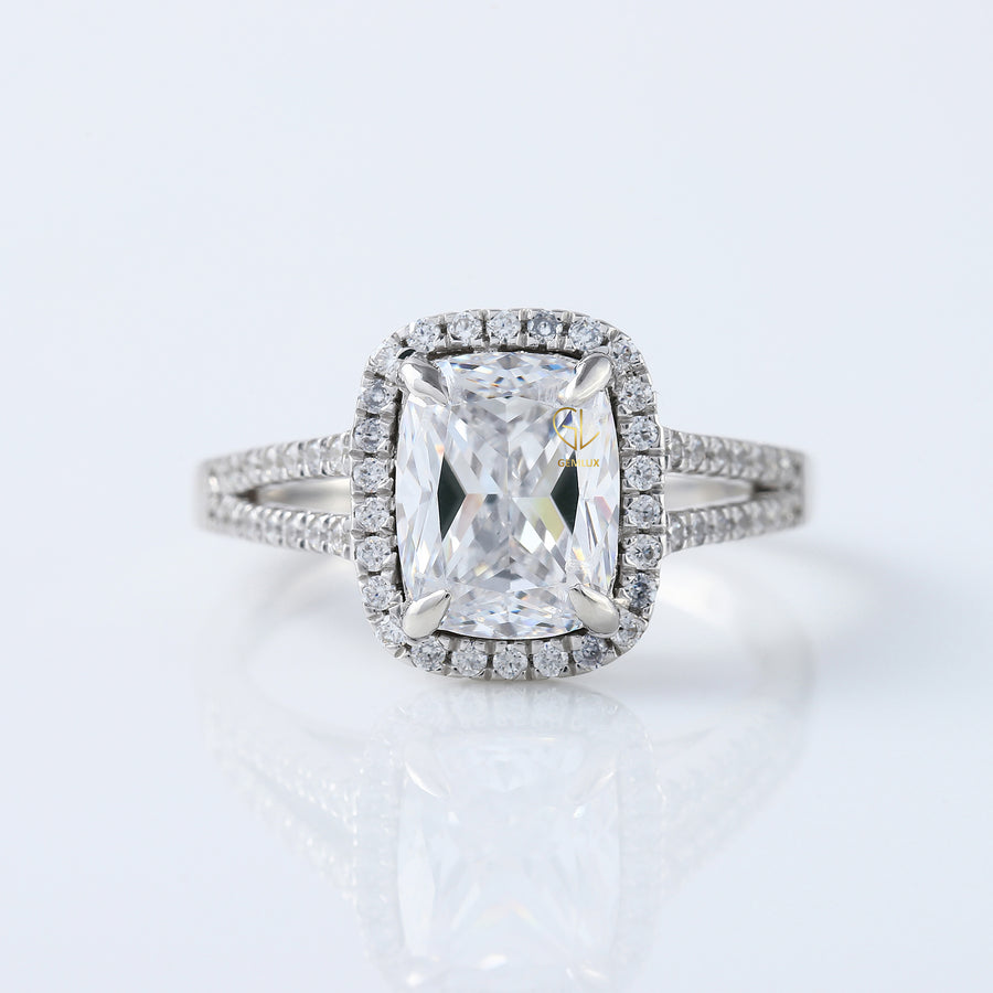 2.5 Ct Elongated Cushion Cut Moissanite Halo Split Shank White Gold Ring