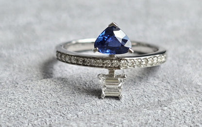 Blue Sapphire Trillion & Baguette Cut Certified Natural Diamond Two Stone Engagement Ring