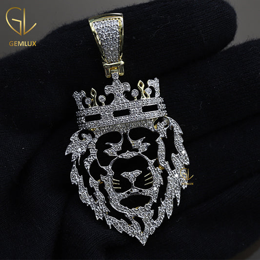 Royal King Crown Lion Animal Face Bling Bling Moissanite Diamond HipHop Pendant