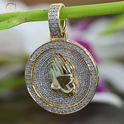 Moissanite Diamond Praying Hand Medallion Pendant