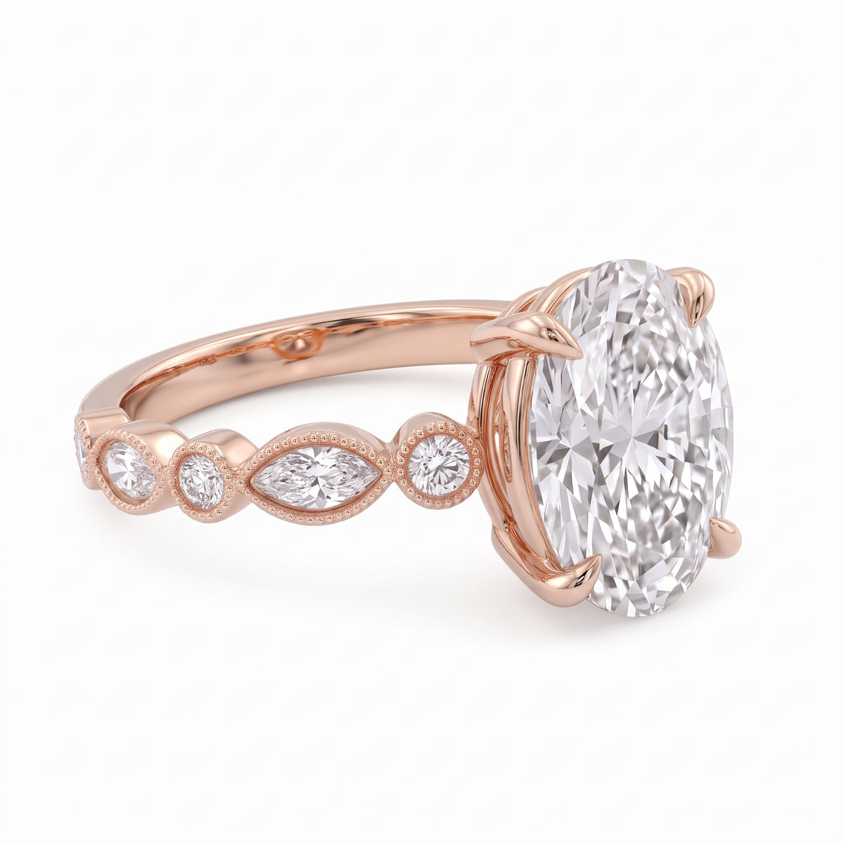 2 Ct oval cut lab grown diamond engagement ring with vintage milgrain rose gold band