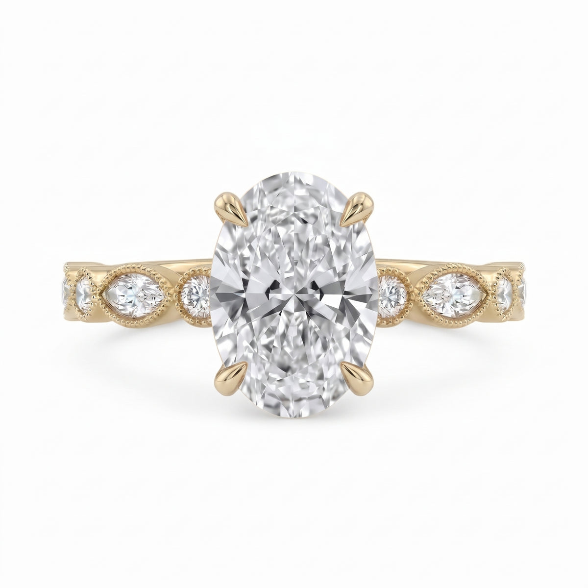 2 Ct oval cut lab grown diamond engagement ring with vintage milgrain rose gold band