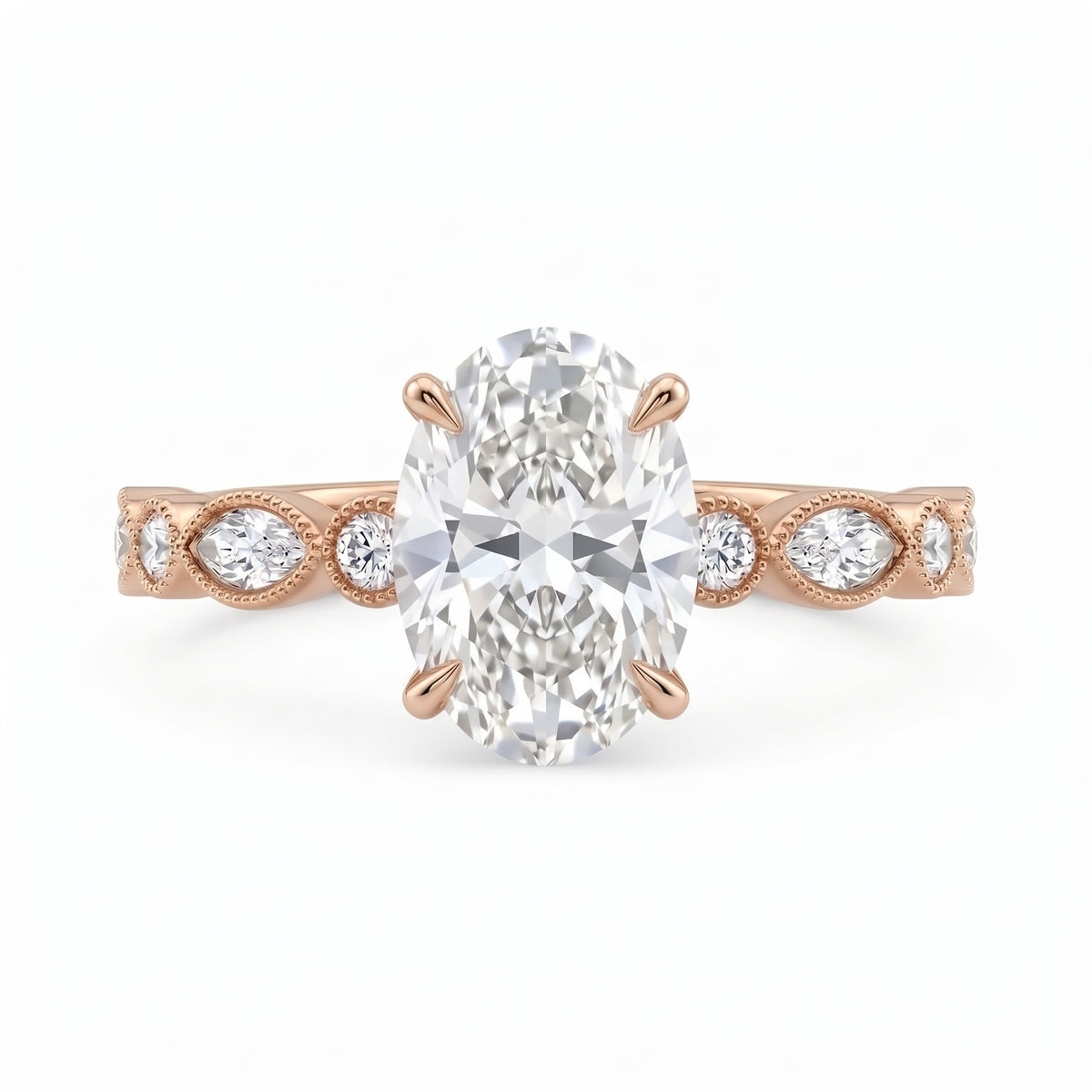 2 Ct oval cut lab grown diamond engagement ring with vintage milgrain rose gold band