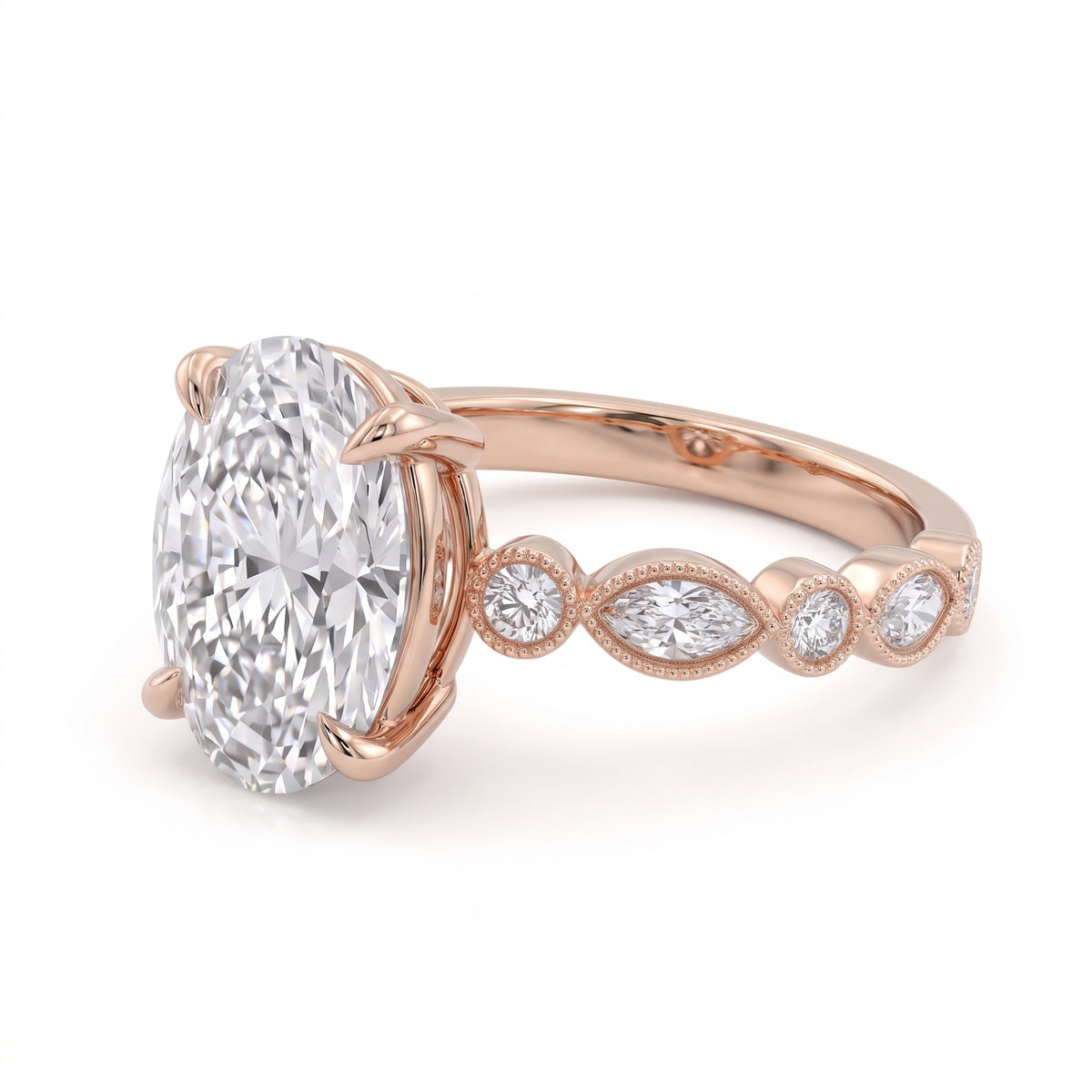 2 Ct oval cut lab grown diamond engagement ring with vintage milgrain rose gold band