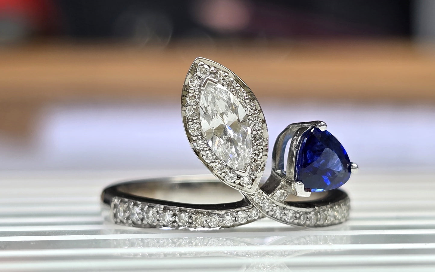 Blue Sapphire Trillion & Marquise Cut Certified Natural Diamond Toi et Moi Engagement Ring